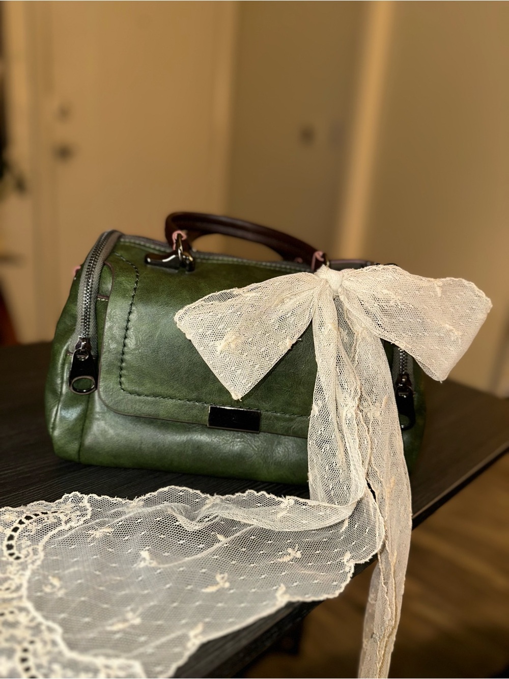 Vintage Olive Satchel with Cream Lace Bow